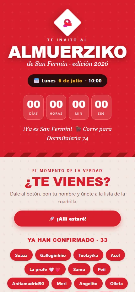 Primera pantalla del Almuerziko: cartel rojo con el título «Almuerziko de San Fermín, edición 2026», la fecha «lunes 6 de julio a las 10:00», la cuenta atrás a ceros y el arranque del bloque «¿Te vienes?» abajo.