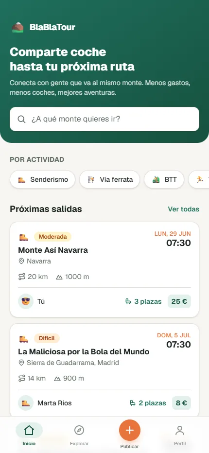 BlaBlaTour en un navegador de escritorio: la interfaz se mantiene en una columna estrecha centrada, con el panel verde «Comparte coche hasta tu próxima ruta», el buscador «¿A qué monte quieres ir?», los filtros por actividad y las próximas salidas.