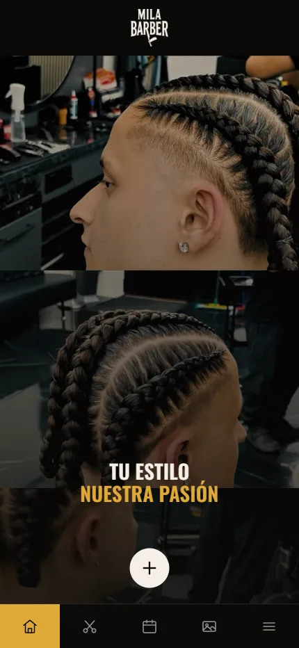 Primera pantalla de Mila Barber: el rótulo «MILA BARBER» en negro y dorado con el lema «Tu estilo, nuestra pasión», los botones «Reservar cita» y «Ver servicios y precios», y el horario con la dirección de la barbería debajo.